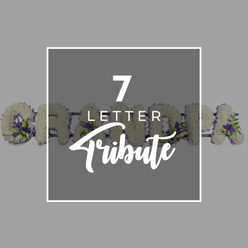 Set against a smooth, soft-grey backdrop, this image focuses on a dark grey square panel bordered by a slim, crisp white line, giving a quiet, contemporary frame to a traditional funeral tribute. Inside the square, pure white text is carefully arranged: a large, confident "7", the word "LETTER" in smaller, neat capitals, and beneath it the word "Tribute" in a flowing cursive style that adds a gentle, handwritten warmth. Just beyond the edges of this panel, like memories appearing from the sides of a frame, runs a seven-letter word created entirely from flowers spelling "GRANDMA". Each letter is formed from a dense bed of white chrysanthemums or similar small, rounded blooms, so closely placed they create a soft, cloud-like surface, reflecting innocence and peace. Set among the white petals are thoughtful accents of deep purple flowers, likely lisianthus or spray roses, paired with fresh green leaves that peep between the blooms, offering subtle contrast and a sense of living vitality. The visible curve of the 'G' to the left and soft edges of the final 'A' to the right hint at the full word, suggesting a tribute arranged on a stand, ready to be placed beside a coffin or memorial. The composition feels as though it could be prepared in a trusted Queensbury flower shop just off Church Lane, destined for a quiet service or crematorium nearby. The whole scene conveys heartfelt remembrance, showing how a custom seven-letter tribute can hold a lifetime of affection for a cherished grandmother.