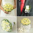 Bathed in gentle, natural light, this wedding arrangement in a woven white vase looks as if it belongs at an elegant Queensbury reception, perhaps in a family restaurant along Church Lane or a cosy hall tucked near the station. The vase has a white, basket-weave texture that adds depth and a subtle rustic note, making the design feel intimate and handmade. From this base, soft yellow roses rise in generous clusters, each bloom dense with layered petals, their velvety surfaces catching the light in creamy, golden tones. The roses are gathered closely, creating a lush, rounded silhouette that feels full of quiet luxury. Slender strands of polished green grass loop in and out of the design, arching gracefully around the blooms to give a sense of movement and contemporary flair. Nestled between the roses, tiny clouds of delicate baby's breath float like mist, their pinprick white flowers adding sparkle and softness at the same time. The colour story-gentle yellows, fresh greens, and pure white-creates a serene, uplifting mood, ideal for conveying hope and tenderness on a wedding day. You can almost imagine the fragrance drifting through a Queensbury venue, a sweet, fresh rose aroma mingled with the scent of newly pressed linen and polished wood. Light glances off the petals and the textured vase, creating small highlights that make the entire piece seem to glow from within. This is the kind of wedding centrepiece that doesn't shout; it quietly draws people closer, encouraging conversation, shared smiles, and a lasting memory of love celebrated close to home.