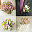 This four-part collage captures a cohesive wedding flower story in soft pinks, lilacs, and fresh spring greens, as though styled for an intimate ceremony in Queensbury. In the top-left frame, a bride in a delicately detailed white lace dress is seen from the waist down, her hands gently holding a rounded bouquet brimming with light pink and lavender roses, each bloom at a slightly different stage of opening. Bright lime-green button chrysanthemums pop between the roses, while blush alstroemeria with tiny golden freckles and airy sprays of white baby's breath add lightness and movement. The upper-right frame zooms in on a groom's charcoal-grey suit and rich fuchsia tie, where a finely crafted boutonniere is pinned to the lapel. It features a single blush rosebud, green button chrysanthemums, feathery gypsophila, and slim strands of decorative green grass, all carefully wrapped with a narrow pink ribbon that quietly ties it back to the bridal bouquet. The lower-left panel displays a similar hand-tied bouquet, possibly for a bridesmaid, set horizontally on a pale beige, linen-like fabric. Here the same palette of roses, chrysanthemums, alstroemeria, and baby's breath is shown in close detail, with the fuchsia satin ribbon binding the stems into a neat, tactile handle. In the lower-right frame, a low, rounded centerpiece echoes the bridal flowers, gathered tightly into a white, woven-look spherical vase and placed on a clean white surface alongside two neutral decorative spheres. Together the images suggest a thoughtfully coordinated wedding, the kind of design a local Queensbury florist might create for a reception near Honeypot Lane or along Church Lane.