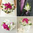 A four-part wedding collage presents a cohesive floral story in bright magenta pink, white and green, echoing the kind of coordinated designs a couple might choose for a Queensbury reception venue or hotel suite. In the top-left panel, only the torso and hands of a bride are visible against the clean line of a strapless white dress. She cradles a generous, domed bouquet bursting with deeply layered fuchsia peonies, their petals soft and velvety, surrounded by white alstroemeria blooms sprinkled with fine maroon markings and airy, spiky green flowers. Dark green leaves give definition around the edge, creating a bouquet that feels both modern and timeless. The top-right panel zooms in on the groom's charcoal suit jacket, where a carefully crafted boutonniere sits neatly on the lapel beside a lavender tie. The buttonhole is made from a single cluster of white alstroemeria, small green spikes and glossy foliage, tied with a slim lavender satin ribbon that catches the light, just as it might when stepping out for photos near Queensbury Underground or in a quiet garden close by. In the bottom-left image, a smaller hand-held bouquet rests on a pale beige textured fabric. It repeats the bridal palette in a more compact form: rich pink peonies, white Peruvian lilies and light green touches, with stems wrapped in a tidy lavender ribbon bow, ideal for bridesmaids or the traditional wedding toss. The bottom-right panel features a low, modern centerpiece, with the same flowers arranged into a white woven spherical vase, a tangle of crisscrossing strands. Three lighter beige decorative spheres sit nearby, echoing the texture and adding a soft, natural feel. The collage shows how repeating colours and blooms can unify every detail of a Queensbury wedding, from aisle to top table.