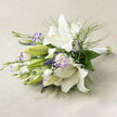 Captured horizontally on pale beige linen and warmed by soft, natural light, this bouquet evokes the hush of a clear early summer morning. A cluster of pristine white lilies forms the focal point; several trumpets are fully open, their creamy interiors and golden stamens dotted with tiny dark specks, while others remain as tight, green-tinged buds that promise unfolding fragrance and form. Scattered between the lilies are white lisianthus blooms, each edged with a delicate lavender-purple blush that reads like an artist's gentle brushstroke against the ivory petals. The arrangement's texture balances airy and substantial: filigree sprigs of asparagus-like foliage float through the blooms, while larger, deep-green leaves anchor the composition and frame the flowers' softness. Small clusters of baby's breath lace the piece, adding an ethereal halo that softens the silhouette. The stems are gathered and secured to the right with a crisp white satin ribbon, finished neatly for carrying or tabletop display; subtle shadows fall lengthwise across the linen, lending depth and a sense of quiet movement as if the bouquet had been set down after a gentle walk. This is a bouquet that breathes serenity and refined celebration - ideal for a bridal party seeking classic purity, an anniversary marked by tenderness, or a calming gift for someone recovering at home. Thoughtfully designed by a local hand in Queensbury, it reflects neighbourhood taste: unpretentious, graceful, and reliably fresh for deliveries across Queensbury, Kingsbury and the surrounding streets.