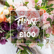 A hand-tied, garden-style bouquet fills the frame in soft, natural light, its textures and scent almost perceptible: large, velvety pink garden roses with ruffled, peony-like centres sit at the heart of the design, surrounded by deep plum hellebore-like blooms that add drama and depth. Slender, lightly striped pale purple-and-white sweet peas trail among creamy white accents and layered peach-coral ranunculus, their papery petals catching the light and suggesting a gentle, sweet fragrance. Varied greenery - slender trailing vines, broader matte leaves and sprigs of scented foliage - creates an organic, slightly wild silhouette and gives the arrangement a lush, freshly-gathered-from-the-garden feel. Centrally superimposed on the flowers is a thin white rectangular frame bearing elegant script reading Florist's Choice, with the word CHOICE in smaller uppercase beneath, and a bold ?100 at the bottom, clearly indicating the florist-selected offering and price. A pair of hands cradles the bouquet at the base, the stems neatly trimmed and a pale sleeve softly blurred in the background, reinforcing the human touch and careful handling. The overall mood is romantic and refined - a bespoke, premium selection suitable for weddings, anniversaries, or as a luxurious thank-you - and the craftsmanship is evident in the balanced colour play of soft pinks, peach, cream and plum. As a local Queensbury florist would say, it captures the generous spirit of seasonal blooms, presented with skill and a quiet sense of celebration for someone truly cherished.
