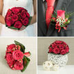 This four-panel collage captures a complete red rose wedding story, the kind often requested by couples planning their day around Queensbury and the surrounding streets. In the top-left scene, a bride in a white gown cradles a compact bridal bouquet made entirely of velvety deep red roses and glossy red hypericum berries. The blooms are tightly packed into a rounded shape, framed by a neat ring of dark green leaves that sit like a collar in her hands, the rich colours glowing softly, as if lit by gentle indoor light. To the right, the top-right panel focuses on the groom's boutonniere pinned precisely to the lapel of a charcoal grey suit jacket. A single red rosebud, just beginning to open, is accented with airy green foliage, tiny clouds of white gypsophila, and small red berries, all finished with a slim red satin ribbon bow that echoes his bold red tie and crisp white shirt. Below, the bottom-left image presents a close-up of another bouquet, which could sit in a vase at a Queensbury home or be carried by a bridesmaid. Here, lush red roses and berries sit at the heart, while large, broad green leaves are bent and layered around them, creating a sculptural, almost fan-like frame against a natural beige fabric backdrop. The stems are gathered and secured with a matching red ribbon, suggesting careful craftsmanship. The final bottom-right shot shows a low, dome-shaped table arrangement of red roses and berries resting on a delicate white woven sphere, with two smaller, natural wood-toned spheres nearby on a smooth, pale surface, ready to decorate a local reception table with a warm, romantic glow.