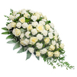 A serene, elongated funeral spray in shades of white and cream lies on a seamless white surface, its design gently sloping from a full, rounded top left to a narrow, trailing tip on the lower right. The arrangement is composed predominantly of white and ivory roses, arranged closely together so that their petals almost overlap. Some roses are small and tightly formed, others generously open, showcasing softly curled, spiralling centres that draw the eye inward. Between the roses, clusters of white carnations add depth and texture; their finely ruffled petals form soft, cushion-like tufts that make the spray feel comforting and enveloping. The flowers are supported by a carefully structured base of greenery. Pale, silvery eucalyptus leaves peek from among the blooms, adding cool undertones, while deeper green foliage shapes the outline and provides contrast. Long, elegant strands of ruscus and other trailing greens extend from the tapered end, echoing the gentle fall of a tear and giving the composition a sense of motion and natural grace. The overall effect is of quiet, dignified beauty, the kind of tribute that might be chosen for a farewell gathering in Queensbury, perhaps displayed near the front of a small chapel or crematorium service. The soft colour palette and thoughtful craftsmanship suggest compassion, making this spray suitable for expressing condolences to families along Honeypot Lane, Kingsbury, or the wider Queensbury community. It feels like a floral whisper of peace and remembrance, created to honour a loved one's journey with subtle elegance and heartfelt care.