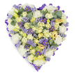 A tender, heart-shaped memorial wreath photographed against a clean white studio background, where soft directional light highlights the layered textures and pastel palette. The composition is densely packed: tightly furled cream and pale yellow roses form the warm, sumptuous core, their velvety petals ranging from bud to gently opening bloom and revealing faint tips of light green on some calyces. Nestled between the roses, ruffled white carnations create a cloud-like cushion, lending classic volume and a quietly familiar comfort. Sprigs of lavender-hued statice and small, vivid purple aster-like flowers with sunny yellow centers are sprinkled throughout, offering airy contrast and lively pinpoints of color that lift the arrangement's serenity. Blue-green, rounded eucalyptus leaves are placed at intervals, their silvery sheen and distinct, smooth edges cutting through the floral density to add sculptural calm and an implied, refreshing scent. The entire heart is neatly framed by a continuous loop of rich purple satin ribbon, folded into a refined edging that gives the piece a graceful, finished silhouette against the white surface. The overall mood is one of calm remembrance and gentle dignity - the palette of creams, pale yellows, soft whites and lavenders reads as a quiet invocation of condolence. As a florist who often delivers tributes across Queensbury, I picture this arrangement resting respectfully at a chapel doorway or on a graveside table after a service at a nearby church, carrying the understated message of enduring love, solace, and honour for a life well remembered.