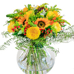 A radiant bouquet full of yellow sunflowers and garden roses encapsulates the vibrant heart of Queensbury, hand-arranged by local florists attuned to the spirit of the area. The sunflowers, wide-faced and spirited, sit beside lush clusters of yellow roses, unfurling velvety petals that shimmer in natural light, much like the floral displays found near Queensbury Circle. Cheerful red hypericum berries punctuate the design, their glossy brilliance standing out amid a generous array of greenery, from cascading fern fronds to airy sprigs of goldenrod brimming with golden blossoms. Delicate eucalyptus leaves in cool tones weave subtly between the flowers, introducing hints of rustic woodland charm. Cradled in a modern, round glass vase filled with water, every stem and leaf is illuminated, their arrangement revealing expert hands and thoughtful composition. The bouquet gives off a fresh, inviting scent, reminiscent of a walk through local flower markets on a bright morning. Whether presented as a centrepiece for living room gatherings, a thoughtful birthday surprise, or simply to lift spirits on an ordinary day, this arrangement channels the light and positivity of Queensbury. It's a testament to both the beauty of the season and the dedication of Flower Delivery Queensbury, offering neighbours a joyful touch of the outdoors inside their homes.