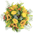 Radiating a burst of joy and Queensbury's signature vitality, this circular overhead bouquet is a masterpiece of golden sunflowers and sumptuous yellow roses, accented with lively orange blooms and vivid red hypericum berries. Each sunflower's broad, textured face beams bright under the gentle daylight, while the roses add classic softness and inviting depth, their petals curling into plush spirals. The energetic flecks of orange provide painterly flashes among a medley of textured green foliage-airy ferns and glowing chartreuse filler giving a light, almost playful feel. Eucalyptus leaves, cool and bluish, weave in silvery notes, anchoring the arrangement with both scent and visual interest. There's an underlying current of seasoned craft in the choice and placement of each stem, echoing the local expertise found at Flower Delivery Queensbury. The entire creation sits against a clear white background, the saturation and vibrance of the colours heightened and pure. It's a bouquet brimming with optimism, ideal as a celebratory gift or to brighten a room, reminiscent of summer strolls through Queensbury's leafy parks and gardens, and expertly designed to deliver sunshine and thoughtful cheer throughout the community.
