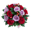 A round, densely packed bouquet seen from a slightly elevated angle, each bloom forming a soft dome of colour and texture. Around 10-15 fully opened roses dominate the composition, their petals unfurling in perfect spirals: velvet deep-red roses that read as classic romance, paired with powdery lavender or mauve blooms that lend an unexpected, contemporary elegance. Bright orange-red, berry-like rose hips are threaded through the cluster, their glossy surfaces catching light and adding woodland whimsy and a lively punctuation to the softer palette. Dark, glossy greenery-likely ruscus or similar foliage-nests each rose, its rich emerald tones giving depth and a sculpted framework to the arrangement. Near the lower centre, a small white gift tag peeks from beneath the blooms; the word flower is hand-written in red script, a playful, personal flourish suggesting a thoughtful gift. The lighting is soft and natural, as if morning light from a nearby window has settled across the petals, highlighting the lavender's subtle coolness and making the reds glow like warmed velvet. You can almost imagine a faint, fresh scent: wet garden earth mingling with the sweet, green perfume of roses and the crisp tang of berry. This bouquet feels intimate and refined, suited to anniversaries, quiet celebrations, or a romantic surprise before a meal in a local Queensbury café. A seasoned florist's hand is evident in the balanced silhouette and careful textures-romantic yet grounded, festive yet quietly sophisticated, as if chosen to speak for feelings words might leave shy.