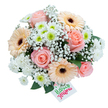 This bouquet, captured in clear natural light, is an ode to gentle celebration in the heart of Queensbury. Softly unfurling blush-pink roses command attention, their petals forming classic spirals and releasing a hint of sweet fragrance into the air. Surrounding them, cheerful peach and cream Gerbera daisies stretch their broad, daisy faces, each distinguished by a dark central disc that grounds the arrangement in rustic charm. Light clouds of gypsophila-baby's breath-float among the blooms, their feathery clusters imparting a sense of softness and making the composition feel as airy as a spring morning on Honeypot Lane. White chrysanthemums, both clustered and pom-pom shaped, add texture and volume throughout, while their green-centered varieties pop with fresh vibrancy. Dark, shimmering foliage peeks out between the petals, evoking the lush borders of local gardens and lending the bouquet both structure and contrast. Tucked in the lower edge, a simple white card inscribed with Happy Flowers in cheerful shades of green and pink adds a welcoming note. Every aspect-from the interplay of colours to the tactile blend of velvety petals and crisp greens-celebrates the artistry and warmth characteristic of Queensbury's dedicated florists. Perfect as a gesture of affection, a birthday delight, or a bright event centrepiece, this bouquet embodies freshness, joy, and local flair, ready to brighten any special moment throughout Queensbury.