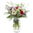 This bouquet radiates a gentle sophistication that perfectly complements the heart of Queensbury life. At its core, sumptuous red roses reveal layers of luxurious, velvety petals, their deep hue symbolic of enduring affection and care. Bright white Gerbera daisies unfurl around them, their pure, cheerful presence echoing the optimism found at community gatherings along Honeypot Lane. Soft purple Lisianthus, some blushing openly and others in tight, graceful buds, dance through the bouquet with a subtle promise of newness. Cool, rounded eucalyptus leaves weave through, their understated silver-green glow spritzing freshness into the mix-much like crisp air rolling off local green spaces. Broad, glossy foliage, likely sourced from aspidistra, forms a strong, contemporary base, while feathery greens peek between stems, all accentuating the garden-fresh effect. Every stem is showcased in the transparency of the glass vase, water sparkling and serene, emphasizing the just-cut vibrancy this arrangement brings to Queensbury homes. Whether marking an anniversary, expressing heartfelt thanks, or simply brightening an everyday table, this bouquet brings together colour, scent, and artistry-embodying a modern yet timeless flourish, thoughtfully arranged by the hands of passionate local florists.