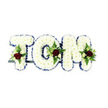 A serene and tender funeral tribute spells the name TOM in bold, three-dimensional letters formed from densely packed, pristine white chrysanthemums. Each letter reads as a soft, pillowy surface-petals layered so closely they create a velvet-like texture that gently catches the light-while a neat royal blue ribbon traces every outer edge, lending a cool, dignified outline against the snow-white blooms. In the centre and lower portions of each letter sits a small, carefully balanced spray: a single deep, velvety dark red rose anchors each cluster, surrounded by delicate creamy-white spray roses and fine fern fronds that introduce slender shafts of green and a whisper of texture. The floral accents are arranged with symmetrical restraint, their subdued perfume of rose and green leaves faint but present, a quiet reminder of care. A slim dark metal support bar is visible beneath the base, hinting at the arrangement's upright display for a chapel or graveside service. The composition rests against a clean white background, allowing the contrast of white petals, blue trim and red focal roses to read clearly from a distance-ideal for an understated memorial setting. As an experienced local florist would note, the craftsmanship balances comfort and formality: each chrysanthemum is placed for fullness and longevity, the ribbon applied for crisp definition, and the roses positioned as gentle focal points. This design suits a funeral order in Queensbury, whether laid at a local church on Queensbury Road or displayed in a remembrance space near Queensbury Tube; it offers quiet dignity and a tactile, consoling presence for family and friends gathered to remember.