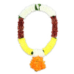 A single artificial funeral garland is presented against a crisp white background, its U-shaped form composed of carefully graduated bands of colour that echo traditional mala designs used in many Queensbury homes and temples. At the neckline, delicate white petals are packed so closely they form a luxurious, snowy collar, symbolising purity and quiet remembrance. Just beneath, tiny touches of green foliage interrupt the white, hinting at fresh leaves and giving the composition a lifelike depth. Moving down each side, the garland shifts into rich maroon sections, the petals a deep, reddish-brown that lends gravity and a contemplative tone, well suited to a respectful farewell or tribute service near the local crematorium or community halls. Below this, the colours change again into expansive sweeps of cheerful yet gentle yellow, encircling most of the lower curve and bringing a sense of soft hope, like a kind memory shared among family and friends. Short segments of white petals appear within the yellow on both sides, acting as calm pauses that guide the eye. At the very bottom, a prominent spherical pendant hangs like a focal jewel, made from densely clustered orange petals reminiscent of a marigold pompon, vibrant but still appropriate for a mourning setting. The entire garland is artificial yet crafted to mimic freshly strung flowers, every petal layered to create volume and texture that would stay pristine throughout a long ceremony. It feels like a lovingly considered tribute, something a local florist might prepare to honour a life with colour, respect, and cultural tradition in the heart of Queensbury.