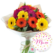 Set against a pure white backdrop, this photograph shows a vibrant gerbera daisy bouquet paired with a celebratory balloon, evoking the feeling of a surprise delivery to a Queensbury home on a special morning. The bouquet is hand-tied and composed of around a dozen large gerbera blooms, each one open wide with a velvety ring of petals surrounding a darker central disk. The colours span bright sunshine yellow, lively orange, and deep magenta leaning into fuchsia, placed so the tones blend and contrast in an uplifting, joyful way. Threads of rich green foliage are woven throughout the flowers, just visible between the blooms, adding welcome shadows and texture. The stems are wrapped first in a rustic sheet of light brown kraft paper, its slightly crumpled surface giving a natural, earthy mood, and then enclosed in a smooth, clear cellophane wrap that provides shine and protection. A band of natural-coloured twine is tied neatly around the stems, forming a small bow and holding a subtle green tag that suggests space for a personal message. The bouquet is presented upright in a tall, clear glass vase, the water line visible and the straight green stems forming a tidy bundle within. To the bottom right sits a round white foil balloon, appearing to float just beside the flowers. The balloon is sprinkled with playful confetti-like dots and tiny hearts in shades of pink, orange, gold, and purple, echoing the arrangement's palette. In the centre, written in an elegant flowing pink script, the words Best Mum make the sentiment unmistakable. Together, the bouquet and balloon create a warm, affectionate image, perfect for marking Mother's Day, a birthday, or any occasion in Queensbury when someone wants to send bright, heartfelt thanks.