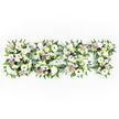 A poignant, horizontal overhead view of a bespoke sympathy tribute carefully shaped to spell SON in three distinct floral letters against a pristine white backdrop. Each letter is densely packed with cool, comforting whites and soft purples: large, crisp white blooms that read like full chrysanthemums or double-petalled varieties sit alongside delicate white anemone-style flowers, their striking dark centers quietly anchoring the composition. Soft lavender and pale purple clusters are threaded throughout, their subtle hues giving the piece a gentle touch of warmth without disrupting the overall serenity. The edges of every letter are lovingly framed with feathery green fern fronds that lend a soft, organic edge and a feeling of quiet movement, while small, rounded green button chrysanthemums nestle into the centers for fresh pops of verdant texture. You can imagine the faint, clean scent of white petals and damp green foliage, the tactile contrast of silky rose and lisianthus petals against the crisp, fern-like leaves. A dark grey or black structural base is just visible in places, providing the precise silhouette that keeps the letters clear and legible from a distance - a practical detail that does not diminish the arrangement's tenderness. This composition reads as a deeply personal farewell, suited for a chapel, wake, or graveside service in Queensbury or nearby neighbourhoods, and is intended to convey love, respect, and lasting remembrance. As a local florist might promise, the arrangement balances technical care and heartfelt sentiment, offering consolation through considered texture, tone, and proportion for those gathered to remember a beloved son.