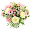 Captured against a bright white background, this lush, round bouquet appears freshly arranged, every bloom carefully placed to create harmony and fullness. At its centre and throughout the design, large ivory and cream roses open generously, their layered petals forming soft spirals that suggest romance and calm. Nestled between them are clusters of pink spray roses, some tightly closed, others partially open, adding delicate touches of colour and a sense of gentle movement as the eye travels across the bouquet. A vivid pink gerbera daisy, with its characteristic flat petals and dark central disk, stands out playfully among the softer tones, bringing a burst of joyful energy. Pale pink carnations, with their trademark ruffled edges, contribute a comforting, cushiony texture, making the arrangement look plush and inviting. White alstroemeria blooms are tucked in here and there, their fine, striped markings lending subtle detail and an almost whisper-like elegance. All around and between the main flowers, wisps of white baby's breath create a cloud-like halo, softening transitions and giving the bouquet a light, airy quality. Fresh green leaves and glimpses of stems break through the pastels, providing contrast and echoing the leafy streets and hidden garden corners around Queensbury. The stems are gathered together in a neat, hand-tied finish, ready to be held or placed in a favourite vase. Overall, the bouquet feels tender and uplifting, an ideal choice for sending love, sympathy, or thoughtful congratulations with florist-fresh delivery to homes and businesses across Queensbury and the surrounding area.