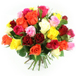 A generous bouquet of freshly cut, multi-coloured roses fills the centre of a bright white background, the flowers gathered so closely together that they form a lush, rounded dome of colour. The arrangement feels joyful and abundant, as though it has just been tied by a careful florist preparing a special delivery for a celebration in Queensbury. Deep crimson and ruby reds mingle with vivid fuchsias and vibrant oranges, while gentle pastel pinks and buttery yellows soften the overall palette. Here and there, creamy whites and ivory blooms catch the light, creating subtle highlights that draw attention to the intricate spiral of petals within each rose. Some flowers are fully open, revealing velvety layers that seem almost touchable, while others are still slightly cupped, promising continued unfolding over the coming days. Only small hints of glossy dark green leaves are visible between the blossoms, enough to frame the colours and suggest freshness without interrupting the visual impact of the blooms. The stems beneath are straight and strong, gathered into a tidy bundle and secured with a green and white gingham-style ribbon that gives the bouquet a charming, slightly rustic character, much like something you might bring to a family gathering near Queensbury station or a friend's home off Church Lane. The white background and bright, even lighting emphasise the clarity of each hue and the natural sheen of the petals, conveying feelings of happiness, romance, and gratitude-an image perfectly suited to illustrate rose bouquets for birthdays, anniversaries, or spontaneous 'thinking of you' deliveries throughout Queensbury.