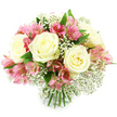 A full, hand-tied bouquet of creamy white roses, soft pink alstroemeria, and cloud-like white baby's breath is shown against a simple, pure white background, giving the flowers a fresh, almost luminous quality. Three to five white roses form the main focal points, their petals spiralling open in gentle layers, revealing centers tinged with the faintest hint of buttery yellow. Around them, stems of Peruvian lilies offer clusters of smaller, trumpet-shaped flowers in shades of fuchsia and blush pink, their inner petals decorated with fine stripes and speckles in deeper tones that add depth and character to the arrangement. Between the larger blooms, delicate sprigs of Gypsophila spread tiny white blossoms like stars, filling out the bouquet and creating a soft, airy cushion that enhances its romantic feel. Deep green foliage emerges subtly from beneath the flowers, providing a natural frame and contrasting backdrop that makes the white and pink tones appear even more vivid. The stems are neatly aligned and bound at the base, signalling a professionally crafted hand-tied design, perfect for slipping straight into a favourite vase in a Queensbury living room or office. The overall shape is compact, rounded, and balanced, showing the careful eye of an experienced florist familiar with local tastes, whether for celebrations near Queensbury station, quiet evenings at home off Honeypot Lane, or small family dinners. Bright, even lighting picks up the velvety texture of the rose petals, the crisp edges of the alstroemeria, and the feathery lightness of the baby's breath, resulting in a bouquet that feels joyful, elegant, and suitable for many occasions-from birthdays and anniversaries to simple thank-you gestures around the Queensbury area.