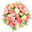 A lush, round bouquet of roses and spray carnations glows softly against a crisp white background, its domed shape suggesting a carefully crafted hatbox arrangement overflowing with blooms. The roses take centre stage, their generous heads unfurling in layers of peach, coral, salmon pink, and creamy white, with delicate hints of pale yellow adding a subtle brightness. Nestled among them are countless small spray carnations in light pink, their ruffled petals creating a rich, almost whipped-cream texture that makes the whole arrangement feel luxuriously full. The flowers are packed tightly together, leaving only occasional glimpses of the low container, so the eye sees almost nothing but petals and soft colour. Slender green leaves appear here and there, offering just enough foliage to bring balance and a fresh, garden-like feel, reminiscent of the tidy front gardens and tree-lined streets around Queensbury. The lighting is bright and even, enhancing the smooth, velvety curves of the rose petals and the frilly edges of the carnations, and giving each bloom a luminous quality. Emotionally, the image conveys warmth, tenderness, and a sense of celebration, as if this bouquet were about to be delivered to a doorstep near Queensbury Underground Station for a birthday, anniversary, or heartfelt thank-you. You can imagine the gentle scent-a blend of soft rose and sweet carnation-spreading through a living room and making the space feel just a little kinder, calmer, and more loved.