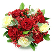 A sumptuous bouquet of mixed roses is pictured against a pure white backdrop, its colours and textures standing out with the clarity of a freshly delivered arrangement laid on a Queensbury kitchen table. The flowers are gathered into a tight, rounded form, led by a cluster of velvety red roses whose rich, wine-dark petals suggest deep affection and timeless romance. Interspersed among them are creamy white to very pale yellow roses, their lighter tones giving the impression of candlelight glowing softly between the more dramatic reds. Throughout the bouquet, fine sprays of scarlet red gypsophila thread delicately around the roses, their myriad tiny blossoms creating an ethereal haze of colour that adds both volume and softness. Nestled within the design, small bunches of red hypericum berries appear like clusters of tiny, polished marbles, adding festive brightness and a pleasing contrast in shape that calls to mind winter celebrations in homes along Church Lane. Surrounding these elements, a collar of deep green leaves and silvery-green eucalyptus frames the central blooms, lending the bouquet a structured, contemporary look while evoking the freshness of a walk through nearby parks after rain. The stems rest in what seems to be a clear, glass-like container, with its lower rim wrapped in a green and white check that hints at careful gift wrapping and personal attention. The composition feels intimate and uplifting, ideal for an anniversary surprise, a romantic apology, or a simple thinking of you delivered anywhere across Queensbury to bring warmth and elegance into someone's day.