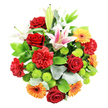 In this image, a lavish mixed bouquet is photographed directly from above on a pristine white background, transforming the arrangement into a vivid circle of colour and texture that feels at once modern and timeless, like something freshly prepared for delivery across Queensbury. At the core, luxuriant deep red roses cluster together, their velvety petals layered tightly in some blooms and beginning to relax open in others, hinting at passion, gratitude, and sincere emotion. Standing proudly among them, large Oriental lilies display wide petals in shades of blush pink with clean white edges and fine dark speckling near the centre, their protruding stamens adding sculptural interest and a suggestion of rich fragrance. Deep red carnations thread between these focal flowers, their countless ruffled petals providing a plush, almost lace-like texture that enhances the bouquet's fullness. Bright orange and sunny yellow gerbera daisies appear throughout, their wide, flat faces and dark central eyes suggesting joy, energy, and laughter, like a burst of colour along Church Lane on a bright day. Small lime green button chrysanthemums nestle between the larger blooms, their neat, rounded shapes introducing a crisp, contemporary green accent. A framing layer of foliage, including broad, glossy dark leaves and softer, slightly silvery greenery, encircles the flowers and gives the bouquet a finished, professional edge. The overall impression is one of abundance and celebration, suitable for birthdays, anniversaries, or congratulations for someone in or around Queensbury. With every flower carefully balanced for colour and height, the arrangement showcases the thoughtful eye of an experienced florist, making it a versatile and uplifting gift ready for same-day delivery to local homes and offices.