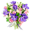 This exquisite bouquet appears almost luminous against its pure white background, highlighting every subtle nuance of colour and craftsmanship. At its core, opulent Vanda orchids unfurl in rich shades of violet and deep blue, their broad petals covered with fine, lace-like speckles and veins that create a mesmerising, patterned effect. These exotic blooms are surrounded by a romantic halo of blush pink roses, some tightly furled with a sense of anticipation, others more open and relaxed, their layered petals suggesting gentle movement and a soft, floral fragrance. Creamy white spray roses weave between the larger flowers, forming clusters of smaller blooms that add lightness and volume. Scattered throughout are tiny white, daisy-like filler flowers and rounded white hypericum berries, each contributing a delicate clarity that keeps the arrangement airy and uplifting. Silvery-grey dusty miller, with its soft, almost velvety leaves, threads alongside the glossy dark green foliage, the contrast between frosted and polished greens giving the bouquet a sophisticated, multi-dimensional feel. The stems are gathered into a neat, hand-tied bundle and finished with a semi-sheer ribbon in shimmering silver and lavender, echoing the tones of the orchids as it drapes gently down. The overall mood is elegant yet welcoming, reminiscent of a thoughtfully chosen gift delivered to a home near Queensbury's Broadwalk Shopping Centre or a cosy side street just off Honeypot Lane. It's a bouquet that speaks of love, gratitude, and celebration, designed to make birthdays, anniversaries, or heartfelt thank-yous feel truly memorable in the local area.