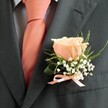 There is a timeless grace to this buttonhole arrangement, worn proudly against a sharply tailored charcoal jacket whose subtle texture hints at classic taste found among Queensbury's sartorial crowd. In the composition's heart sits a single peach rose, its petals soft and luminous, echoing the warm tones of a late spring afternoon in the neighbourhood. Wisps of pristine white baby's breath nestle closely, offering a light, airy counterbalance-evocative of fresh bouquets found at markets along Kingsbury Road. Sprigs of vibrant green foliage, one elegantly arched and glossy, create a lush frame that grounds the rose in nature's palette. The satin tie, knotted with deft hands in bold coral, is mirrored perfectly in the petite ribbon that binds the boutonniere's stem-a subtle nod to the artistry and coordination prized by Flower Delivery Queensbury. The overall effect is one of understated elegance and quiet celebration, suited to grooms, best men, or honoured guests at weddings and formal events across Queensbury-a floral accent designed to rest gently at the heart, marking the unity and joy of a day spent in good company.