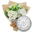 This photograph captures a classic Silver Anniversary bouquet and balloon pairing, the kind of thoughtful gift that would feel at home in a cosy Queensbury living room after an intimate celebration dinner. Set against a bright white background, the arrangement on the left is dominated by white daisy-like chrysanthemums, their petals clean and even, grouped so closely that they create a lush cushion of white. Each flower carries a vibrant yellow centre, adding warmth and gentle contrast. Standing among them are several elongated white lily buds, still closed and tinged with pale green, suggesting quiet elegance and the promise of future blooms. Fine, cloud-like sprays of white baby's breath thread throughout the bouquet, creating a veil of tiny blossoms that soften the view from every angle. Deep green foliage, both smooth and slightly textured, supports the flowers and adds depth, reminiscent of the mature trees lining local Queensbury streets. The stems are wrapped in a smooth layer of clear cellophane that holds the shape, then encased in folded brown kraft paper with a natural, slightly crinkled texture, giving the design a rustic yet refined character. The bottom of the bouquet is neatly gathered and secured, ready to be carried or placed in a vase. To the lower right, a round metallic silver foil balloon completes the scene. Its reflective surface is adorned with ornate scrolling patterns and subtle floral designs in darker silver shades. At the centre, the script 25th appears prominently, surrounded by softly repeating Happy Anniversary text in the background. The combination of pure white flowers and shimmering silver detailing clearly conveys a 25th wedding anniversary or Silver Jubilee celebration, full of tenderness and quiet joy.
