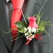 Pinned with care to a charcoal grey lapel, this romantic buttonhole captures the essence of a Queensbury celebration, perhaps a wedding party posing near Queensbury tube or a reception in nearby Edgware. The centrepiece is a single cerise-pink rosebud, its velvety petals elegantly curled, creating a perfect spiral of deep pink that draws the eye immediately. Around it, a generous flourish of greenery frames the bloom: slender, feathery sprigs and broader, glossy leaves that offer a fresh, garden-picked feel, reminiscent of early morning walks through local parks. Tucked close to the rose are airy clusters of white gypsophila, soft and cloudlike, adding a bridal veil lightness that stands out against the dark wool blend of the suit jacket. At the base of the boutonniere, a bright scarlet satin ribbon is tied into a neat bow, its vivid hue echoing the strong red of the unpatterned silk tie beneath, which lies over a subtly patterned grey shirt. The gentle lighting brings out the interplay of textures-the smooth tie, the fine weave of the suit, the delicate blooms, and the satin bow-creating a sense of poised refinement. This image reflects the thoughtful craftsmanship of a Queensbury florist, showing how a single rose and a few stems of gypsophila can express love, tradition, and quiet excitement, perfect for grooms, ushers, or any guest wanting a polished, heartfelt finishing touch.