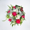 A top-down view reveals a lush, rounded bouquet spread like a floral tapestry against a brilliant white background, every colour and petal given space to shine. At the heart of the design, rich hot pink carnations and velvety fuchsia roses nestle together, their ruffled and spiralled petals creating layers of texture that feel almost touchable. Some roses are tightly furled, promising future blooms, while others open wide in full, romantic display. Threaded between them are clusters of petite white spray chrysanthemums and daisy-like blossoms, their tiny petals forming soft, cushiony mounds that bring a gentle brightness to the composition. Wisps of white gypsophila float delicately through the bouquet, like little clouds of light, while a few slender white buds, reminiscent of alstroemeria or lily blooms, stretch upwards with quiet elegance. Surrounding the flowers, a rich mantle of greenery provides structure and depth: rounded, silvery-green eucalyptus leaves with their cool, waxy sheen mingle with long, vivid green blades and darker, broader leaves, likely folded aspidistra, that curve to form a polished collar around the base. The light falling across the arrangement is clean and clear, making every detail crisp and vibrant, as though the bouquet has just been set down on a bright kitchen table in Queensbury after a walk back from the local florist. The mood is joyfully celebratory yet tender, perfect for sending congratulations, marking a birthday, or lifting the spirits of someone in need of a colourful, living reminder that they are cherished. The design speaks of careful, professional craftsmanship, the kind of hand-tied work you might expect from a florist who knows the tastes and celebrations of the Queensbury community well.