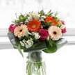 In this luminous bouquet, the artistry of a Queensbury florist is beautifully on display, blending bold, radiant colours with delicate textures in a way that feels both uplifting and heartfelt. Central to the display are gerbera daisies-two bathed in warm, peachy cream and two aglow with vibrant orange, their petals unfurled around deep, dark centres. Each bloom is cradled by the romance of tight-furled magenta roses, flanked by bright white alstroemeria and dotting sprays of petite white and blush pink flowers that glimmer like early morning dew in Queensbury Gardens. Shiny, deep green leaves cradle the flowers, as several large, paddle-shaped aspidistra leaves sweep gracefully round the base, anchoring the composition and echoing the soft lines of the nearby recreation grounds. The clear glass vase, tall and slender, showcases the verdant stems within, grounding the eclectic mix of colour and form. Illuminated from behind, the bouquet glows against a subtle white backdrop reminiscent of a peaceful room on a sunny day near the station. The subtle fragrances-whispers of sweet rose, gentle lily, and crisp foliage-invite feelings of celebration, hope, and new beginnings. A perfect centrepiece for marking milestones or brightening a loved one's day, this arrangement delivers the freshness and creativity true to the Queensbury community.