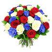 A lavish bouquet of roses in red, white, and royal blue fills the image, its rounded shape and dense composition creating an immediate impression of abundance and care. Each rose head is positioned closely to its neighbours, building a generous dome of colour where no gaps or empty spaces distract from the rich floral surface. The crimson red roses bring depth and drama, their petals tightly layered and slightly curled at the edges, while the white roses provide a gentle, luminous contrast, their creamy centres softening the overall look. The blue roses, painted in a vivid sapphire tone, lend the design a distinctly patriotic aura, giving the sense of a floral flag rendered in silk-like petals. Deep green, glossy leaves appear between clusters of blooms, breaking up the colour blocks and adding volume and a natural, garden-fresh feel, as though the bouquet has just been arranged by a careful florist in Queensbury. At the base, a neat sheaf of stems, cut to an even length and held snugly together, shows off the hand-tied style, prepared to slip easily into a favourite vase on a dining table or sideboard. The white background surrounding the bouquet is simple and bright, helping the tri-colour roses stand out with almost graphic clarity. This arrangement would be perfectly at home at a patriotic celebration near Queensbury's community centres, a remembrance event, or any occasion where families gather to honour heritage and shared values through a thoughtful, symbolic floral tribute.