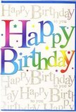 The front of this birthday card offers a vivid, modern take on celebration, the sort of design you could imagine being chosen in a Queensbury high street shop on the way to a party. The central message, a bold Happy Birthday, is written in large, smooth letters that melt from one colour to the next: rich reds and purples mingle into ocean blues, then slide into fresh greens and finally golden yellow, creating a seamless rainbow effect that feels energetic and upbeat. Each letter has a gentle sheen, suggesting a silky, almost enamel-like finish that would catch the light as you tilt the card in your hands. Behind this prominent greeting, the entire background is filled with fine golden cursive repeatedly stating Happy Birthday to you, the looping script layered so that it forms a shimmering, decorative pattern instead of a single line of text. The metallic gold has a soft sparkle, reminiscent of sunlight flickering on parked cars along Salmon Street on a bright afternoon. Tiny colourful specks and scattered star shapes hover around the main phrase, echoing party confetti tossed into the air just after a birthday wish is made. The palette and layout strike a careful balance between playful and sophisticated, making the card appropriate for teenagers, adults, or anyone who enjoys a burst of colour without excessive fuss. It feels like the paper companion to a joyful birthday bouquet: expressive, warm, and crafted to bring a smile the moment it is opened at home, at a restaurant table, or in a favourite Queensbury café.