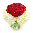A contemporary round glass vase rests against a clean white background, holding a carefully composed bouquet that feels both luxurious and inviting, perfect for an anniversary delivery anywhere in Queensbury. Rising from the centre is a tight formation of deep red roses, about ten blooms arranged in a smooth, domed cluster. Their petals are thick and velvety, layered generously so that each flower looks plush and full, some buds a little more open than others, creating a sense of natural movement. The red hue is intense and romantic, evoking long-held love and heartfelt promises. Surrounding this crimson crown, a lavish collar of white hydrangeas spills outward in a soft, rounded cushion. Each hydrangea head is composed of many tiny blossoms, their slightly ruffled edges creating a cloud-like texture that contrasts beautifully with the sleek, satiny rose petals. The white of the hydrangea is creamy and gentle rather than stark, adding a feeling of comfort and quiet elegance. The clear glass vase, shaped like a small fishbowl, is partially filled with water, clearly revealing the green stems gathered together inside, their lines adding an understated structure beneath the round form of the flowers. Subtle reflections flicker on the surface of the glass, as if the arrangement were placed near a bright window in a Queensbury home, ready to welcome someone returning on a special evening. With no extra foliage or distractions, the design focuses entirely on the powerful pairing of red and white, making this arrangement an ideal symbol of devotion and harmony for anniversaries or romantic surprises across the local area.