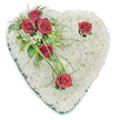 A tender, heart-shaped funeral tribute formed from a dense, cushiony bed of pure white chrysanthemum blooms, each tiny petal layered to create a pillowy, serene surface. The white chrysanthemums read as calm and restorative, their soft texture catching a gentle overhead light so the heart appears to glow against a clean white background. At the upper left a thoughtful cluster of three deep red roses gathers like a small group of memories, their fully opened petals revealing velvety, crimson interiors. Two solitary red roses-one tucked near the right curve and the other pointing toward the bottom tip-are placed with quiet intent, each softened by a few glossy green leaves and slender, arching blades of bear grass that lend a flowing movement across the white field. Interspersed among the main blooms are delicate fern-like fronds and broader ruscus leaves, their cool green tones providing structure and a measured contrast to the intense rose colour. A narrow emerald-green satin ribbon trims the heart's edge, its satiny sheen framing the composition with dignified restraint. The arrangement feels scaled for a chapel or graveside, the scent a muted mix of fresh chrysanthemums and the warm perfume of red roses-comforting rather than intrusive. As a local florist might prepare for a service in Queensbury, the piece balances tradition with a quietly crafted touch, offering a visual language of purity, lasting love, and respectful farewell. Suitable for memorial pages or guides on arranging sympathy flowers, this design embodies consolation in form, texture and colour while remaining uncomplicated and deeply respectful.