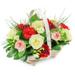 A serene, overflowing basket of funeral flowers is photographed against a bright white background, allowing every petal and leaf to stand out with clarity. The basket is a light, cream-toned wood, likely woven or formed from smooth slats, with a shallow, oval body and a sturdy arched handle that curves gently overhead. Discreet little feet raise it slightly from the surface, giving a refined, stable look that would sit beautifully in a Queensbury service setting or by a framed photograph at home. Rising from the basket is a full, rounded mound of blooms in a classic sympathy palette of red, white, and soft pink. Creamy white roses, fully open and plush, provide a calm focal point, each bloom layered and symmetrical. Deep red carnations cluster around them, their ruffled petals adding texture and a heartfelt depth of colour, while lighter pink carnations and bi-coloured varieties with delicate red edges soften the overall tone. Smaller white flowers, reminiscent of freesias, are nestled between the larger heads, their slender stems and bell-like florets offering brightness and a touch of grace. A generous sweep of lush greenery supports everything: broad, glossy leaves give a strong, verdant base, while fine, feathery fronds of fern or asparagus foliage stretch outwards, lending the design height and an airy finish. The flowers appear freshly arranged, as if just prepared in a local Queensbury florist's studio, ready to be delivered as a message of sympathy, respect, and enduring love. This basket feels both traditional and deeply personal, an arrangement that honours a life while gently comforting those who remain.