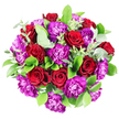 Captured from directly overhead, this Queensbury bouquet forms a perfect circle of lush colour, standing out sharply against a pristine white background that highlights every petal and leaf. The main impression is of rich red and vibrant purple intertwined. Deep red roses, fully open but still tidy at the centre, create a foundation of classic elegance, their petals overlapping like layers of soft velvet. Between them, purple carnations sit like ruffled rosettes, their frilly edges catching the light and shifting in tone from royal purple to brighter fuchsia, bringing playfulness and texture to the design. Around and among these blooms, the greenery has been placed with care: long, glossy dark green leaves create a strong, structured outline, while smaller, rounder eucalyptus leaves introduce cool silvery-green accents, softening the overall look and suggesting a whisper of fresh, herbal fragrance. The bouquet is dense and deliberately rounded, with flowers angled outward so that from any viewpoint, the display feels full and welcoming, much like a table arrangement set for a celebration in a Queensbury home near Honeypot Lane or the surrounding residential streets. The lighting is clear and neutral, with no harsh shadows, enhancing the vividness of the colours and the natural sheen of the foliage. Everything about the design suggests a thoughtful gift-perfect for anniversaries, romantic gestures, or proud congratulations-arranged with the practiced hands of a local florist who understands how to balance drama and tenderness within a single, memorable bouquet.