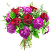 Set against a bright, uncluttered white background, this hand-tied bouquet radiates richness and romance through its pairing of deep red roses and vivid purple carnations, like a showpiece you might spot in a Queensbury flower studio just after it's been finished. The roses are the stars of the composition, their petals forming tight, elegant spirals of velvety crimson that glow softly in the light, each bloom placed to draw the eye and suggest warmth, affection, and heartfelt emotion. Surrounding them, clusters of carnations in layered shades of magenta, plum, and royal purple add volume and texture, their finely serrated petals overlapping like delicate ruffles on fabric, creating a sense of movement and softness around the stronger rose forms. The flowers are cradled by lush greenery: firm, glossy dark green leaves offer a structured backdrop, while feathery sprigs of eucalyptus in a muted, silvery green introduce a cooler note and a hint of airy grace. All the stems are carefully aligned and tied together in a compact hand-tied bundle, secured with a narrow red ribbon that blends subtly with the stems, suggesting professional craftsmanship and attention to detail. The high contrast between the vivid blooms and the white backdrop sharpens every shade and outline, making the bouquet appear almost three-dimensional, as though you could reach out from a home in Queensbury and touch each petal. This arrangement feels ideal for romantic deliveries, milestone celebrations, or a bold thank-you, capturing the emotion of a special moment with colour, fragrance, and artful design.