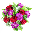 A sumptuous bouquet of crimson red roses and electric purple carnations is shown in full bloom, crafted with the kind of attention to detail you might expect from a trusted Queensbury florist. The roses, richly coloured and decadently soft, form the heart of the arrangement, their petals overlapping in velvety layers that almost seem to glow against a gentle, neutral backdrop. Between them, the purple carnations burst with ruffled petals, their lively texture bringing movement and a sense of joyful spontaneity to the design. Surrounding the blooms, polished deep-green leaves create a strong, supportive base, while trails of silver-green eucalyptus thread throughout, adding height, airiness, and a cool, contemporary edge. The eucalyptus leaves, with their slim, rounded profiles, catch the light delicately, lending the bouquet a fresh, just-gathered feel, as if it had been assembled moments ago for delivery somewhere near Queensbury's peaceful residential streets. The overall colour harmony is striking yet balanced: warm reds, vibrant purples, and cooling greens coming together in a composition that feels both indulgent and inviting. You can almost sense the textures under your fingertips-the firm stems, the leathery foliage, the softness of each petal-and imagine the fragrance: sweet rose, a hint of carnation spice, and a crisp herbal note from the eucalyptus. This arrangement seems perfect for an anniversary dinner, a romantic gesture, or a thoughtful surprise to brighten someone's day in Queensbury, capturing emotions of love, admiration, and delight in a single, artfully composed bouquet.