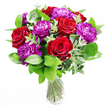 The photograph shows a striking floral arrangement that seems to radiate warmth and emotion from the centre of a room. A clear glass vase, simple and understated, holds an abundant display of deep red roses and plush purple peonies, the two flower types mingling closely so that their colours and textures appear to converse. The roses are at their prime, each bloom full and velvety, with petals spiralling outward to form confident, rounded cups of crimson. The peonies, in contrast, are all ruffle and softness, layers of purple petals folding and overlapping in intricate patterns that invite the imagination to linger on their touch. Around this lush heart of colour, a ring of fresh greenery spreads, with smooth, vibrant leaves and slim stems of silver-toned eucalyptus adding a cool, airy edge. The eucalyptus introduces a gentle vertical lift and a slightly wild elegance, softening the outline of the bouquet so it feels natural rather than rigid. Light falls across the flowers as if from a nearby window in a Queensbury living room, illuminating parts of the arrangement while leaving others in softer shadow, giving depth and a sense of quiet drama. Through the vase, the green stems are visible in clear water, cut cleanly and carefully arranged, suggesting same-day preparation by a local florist attuned to detail and freshness. One can almost sense the fragrance drifting upward-the familiar sweetness of roses, cushioned by a whisper of green, herbal eucalyptus. This bouquet feels perfect for anniversaries, romantic surprises, or heartfelt congratulations, adding a flourish of colour and sentiment to any Queensbury home.