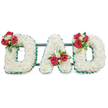 A quiet, reverent floral tribute spells out the word DAD in three large, three-dimensional capital letters, each letter densely layered with hundreds of small, pristine white chrysanthemum blooms that create a soft, pillowy texture and a sense of calm. The white surface reads pure and luminous under soft, diffused studio light, the tiny petals catching highlights like a gentle snowfall. Each letter's perimeter is neatly finished with a pleated, deep emerald-green ribbon that gives crisp definition to the shapes and a fine architectural edge against the white blossoms. Atop the upper curve of the left D sits a composed cluster of deep red roses-their velvety petals opening to reveal rich centres-paired with delicate white freesia and glossy dark foliage, a tactile contrast of velvet, satin, and leaf. The central A holds a similar spray near the base of its left stem, where loops of bright green bear grass rise with a slight, artful curl, and the final D mirrors the first with another balanced grouping of red roses, white accents and fresh greenery. Slim, dark green metal support bars are discreetly visible behind the letters, lending stability without distracting from the floral statement. The smell would be a quiet blend of rose and fresh foliage; the visual effect is one of solemn dignity and devoted love. This bespoke sympathy piece, crafted for a father or paternal figure, suits memorial services across Queensbury and neighbouring Kingsbury or Wembley, and carries the classic symbolism of chrysanthemums for devoted truth and red roses for deep affection-an intimate, handcrafted way to honour a life remembered.