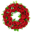 A circle of deep red roses forms a lush wreath against a pristine white backdrop. In this arrangement dozens of velvety crimson blooms rise and open at varying stages, from tight buds that promise future splendor to fully unfurled petals that catch the light and reveal a satin texture. Interwoven among the roses are sprigs of fresh green foliage: broad eucalyptus like leaves with a matte finish and the slender glossy ruscus, providing a natural foil to the red and adding depth and woodland grace. The wreath holds its perfect unbroken circle with quiet strength, a symbol of remembrance and eternal connection. The white background isolates the arrangement, letting the intensity of red and the gleam of green breathe clearly, as if framed for a solemn moment in a Queensbury memorial or church sanctuary. The overall impression is one of abundance and dignified ceremony, a flowered tribute that speaks softly of love, loss, and lasting memory. It reads as a thoughtful keepsake suitable for funeral tributes, anniversaries, or expressions of sympathy, and is ready for same day delivery across Queensbury and nearby neighborhoods through Flower Delivery Queensbury. The craftsmanship is evident in the careful layering of petals and leaves, the gentle variations in shade that give the piece depth, and the clean, uninterrupted circle that carries a timeless message of remembrance.