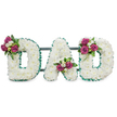 A reverent, hand-crafted sympathy tribute spells the word DAD in three bold, capital letters formed from a dense, cloud-like carpet of pristine white chrysanthemums. Seen against a clean white backdrop, the tiny, soft florets create a pillowy texture that suggests quiet dignity and calm; up close you can almost sense the powdery scent of the blooms and the gentle resilience of each petal. The perimeter of each letter is sharply defined by a pleated, emerald-green ribbon that ruffles slightly with a cloth-like sheen, offering a cool, grounding contrast to the warm white surface. Across the front of the letters are three small, thoughtfully placed clusters of deep magenta roses in varied stages of opening-tight buds and gentle, unfurling blooms-interspersed with delicate white freesia or similar tiny white spray flowers and rich dark-green foliage that gives depth and shadow. The first cluster rests on the upper left curve of the first D, the A cradles its group within the lower V, and the final D mirrors the first with a flourish on its upper right curve. A subtle dark-green or grey horizontal support bar runs behind the letters, hinting at a sturdy easel or stand prepared for display at a funeral, graveside, or memorial table. As a local Queensbury florist might describe it, this arrangement balances formal respect and personal warmth-quiet, tactile, and honest-designed to read clearly from a distance while rewarding closer viewing with thoughtful detail and soothing colour harmony.