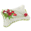 A solemn, thoughtfully crafted memorial cushion sits photographed against a soft white background, its shape a gentle rectangle like a quiet pillow laid to rest. The entire surface is densely covered in hundreds of small, pristine white chrysanthemum blooms, packed together to create a velvety, cloud-like texture that suggests peace and repose. Around the slightly raised edge a pale lime-green satin ribbon peeks through, framing the white field with a subtle hint of fresh colour and a neatly finished edge. On the upper left corner a rich spray of deep red roses and burgundy carnations forms the focal cluster - roses in various stages from tight bud to open bloom, their velvety petals offering a visual language of love and remembrance. Scattered within that spray are small white accent blooms, the delicate shapes of freesias or spray chrysanthemums adding gentle highlights and a whisper of perfume. Lush green foliage - slender fern fronds and glossy leafy stems - gives weight and contrast, while long, arching strands of bright green bear-grass sweep diagonally from the main cluster towards the lower right corner, tracing an elegant line of motion. At the end of that arc a single, perfectly formed red rose rests against the white chrysanthemums, a poignant punctuation of enduring affection. The overall impression is calm, reverent and exquisitely arranged, a traditional sympathy pillow suitable for funeral services, wakes or a graveside tribute in Queensbury and neighbouring Wembley or Kingsbury. The texture, scent and quiet composition read as a comforting expression of respect and lasting love for the departed.