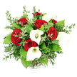 A sophisticated bouquet of red roses and white calla lilies is captured in crisp detail against a bright, seamless white background, the viewpoint just slightly above eye level so the full, rounded shape of the arrangement is clearly visible. At the centre, multiple deep red roses bloom in tight, velvety spirals, their rich colour and classic form evoking deep affection and long-lasting romance. Rising gracefully among them, the white calla lilies display their familiar trumpet-shaped spathes, each bloom curving softly around a pale yellow spadix that adds a refined, architectural touch. The combination of these two flowers creates a striking yet timeless palette, perfect for a romantic delivery in Queensbury to mark a special date night or a significant anniversary near Queensbury Park or along Cumberland Road.
The bouquet is generously filled with layers of fresh greenery, which frame and support the roses and lilies. Slender eucalyptus stems, bearing many small, round, silvery-green leaves, introduce a light, misty texture that contrasts beautifully with the smooth petals, while larger, darker green leaves add body, making the design feel opulent and full. All of the stems are gathered into a clear glass vase, the softly ribbed base just visible beneath the dense ring of foliage at the bottom of the image. Bright, even lighting and the plain white setting give the photograph a clean, modern character, drawing attention to the lush textures and interplay of colour rather than any background detail. This bouquet would feel at home on a wedding table, a stylish Queensbury living room, or delivered as a heartfelt romantic surprise to a quiet street off Honeypot Lane, reflecting the work of a skilled local florist who understands both elegance and emotion.