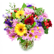 A vibrant, garden-style bouquet stands in a clear glass vase, photographed against a plain white background that lets every colour and texture shine as clearly as a sunny day over Queensbury. At the heart of the arrangement, rich deep red roses unfurl in velvety spirals, giving the design a romantic anchor. Beside them, golden yellow gerbera daisies with dark brown-orange centres create a bright, smiling contrast, their large faces instantly catching the eye. Around these central blooms, soft pink and lilac daisies or chrysanthemums form a generous halo, each with dozens of slender petals radiating out from a tiny yellow core, adding airy volume and a touch of sweetness. Punctuating this softness, slender stems of lisianthus in shades of purple and lavender rise and curve, their bell-shaped flowers slightly ruffled and full of gentle sophistication. Nestled between petals, clusters of smooth, round red Hypericum berries add bursts of glossy colour and intriguing texture, like little treasures tucked within the bouquet. A variety of greenery-broad, deep green leaves and lighter, more delicate sprigs-wraps around the flowers, giving the whole design structure and a sense of natural movement. Through the transparent vase, you can see the neatly cut stems gathered in clear water, speaking of freshness and expert conditioning by a skilled local florist. The overall feel is joyful and uplifting, ideal for sending congratulations, brightening a new flat near Queensbury Station, or simply sharing a colourful, fragrant moment with someone you care about.