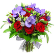On Queensbury's doorstep, a vivid bouquet blooms against a pure white backdrop. The arrangement is full and round, a bold dance of deep red roses and rich purple orchids, threaded with lush green foliage that gives the piece a natural, garden grown glow. The red roses sit at the core, their velvety petals tightly furled and luminous, signifying romance and devotion. Among them stand the purple Vanda orchids, their broad flat petals showing a subtle speckle pattern that hints at distant tropical warmth and luxury. Interlaced with these stars are soft lisianthus in lilac and pale purple, some still in bud to hint at new beginnings. A chorus of eucalyptus and broad green leaves creates a lush backdrop, catching the light and giving depth and movement.

The stems are gathered at the base and bound with a dark, almost black netted ribbon, the color a deep plum that adds texture and a contemporary edge. Tiny pale green filler blooms and buds peek through, enhancing texture and forward momentum. The overall effect is festive and refined, a bouquet ideal for celebrating a milestone, sending a deeply affectionate gift, or styling a grand dining setting. This piece feels crafted for the Queensbury community, with fresh stems and meticulous balance, light catching the petals, and a sense of growing joy. For same-day delivery across Queensbury and nearby neighborhoods, this luxurious arrangement can be delivered with care and local pride.