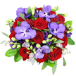 Set against a spotless white background and captured from an overhead angle, this lavish bouquet radiates a sense of drama and romance, as if designed for a special evening celebration in Queensbury. At its core, deep red roses cluster densely together, their velvety petals spiralling tightly and creating the classic, full rose shape that instantly conveys passion, affection, and commitment. Woven among them are generous Vanda orchids in a rich lavender-purple tone, each bloom displaying wide, flat petals delicately speckled with darker violet, giving the arrangement a sophisticated, exotic character. Around this central interplay of red and purple, ruffled violet lisianthus blossoms open in soft, layered whorls, while smaller lisianthus buds remain closed or half-open, introducing gentle movement and a feeling of unfolding stories. Tiny light-purple florets and pale lavender rosebuds peek out between the larger flowers, softening transitions and adding a misty, romantic lightness. The bouquet is encircled by lush greenery: glossy dark green rose leaves that ground the colours, slim silver-green eucalyptus stems that arc gracefully outward, and delicate filler foliage that threads through the blooms, creating a natural sense of depth and fullness. Near the base, a hint of silvery-grey mesh suggests tasteful wrapping by a professional florist, ready for gifting. The clear, bright lighting accentuates the contrast between crimson, violet, and fresh green, making this composition perfect for anniversaries, proposals, or heartfelt thank-yous delivered anywhere in Queensbury, from apartments near the station to homes tucked along local residential streets.