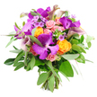 A sumptuous hand-tied bouquet bursts into view against a bright white background, its colours vivid and carefully choreographed. At the focal point are luxurious purple Vanda orchids, their broad petals washed in deep fuchsia tones and overlaid with delicate, lighter speckles that lend an exotic, almost tropical character. Around them gather clusters of tangerine-orange roses, each bloom tightly cupped with velvety petals that seem to spiral endlessly inward, radiating a warm, celebratory energy. Soft pastel pink roses and garden-style blooms weave between the brighter flowers, some still in bud and others softly opening, adding a gentle blush that feels romantic and soothing. Graceful calla lilies in plum and muted mauve emerge from within the bouquet, their trumpet-shaped forms bending in elegant arcs that draw the eye upwards and create a sense of height and movement. A rich collar of greenery surrounds the arrangement: slender, silvery eucalyptus leaves provide a cool, misty backdrop, while darker, more compact foliage fills out the shape and gives the bouquet a lush, rounded silhouette. Delicate clusters of small lavender filler flowers and fine green sprigs peek through the main blooms, introducing intricate detail that rewards closer inspection. The stems are visible at the base, cleanly cut and expertly bound, reinforcing the sense of professional, hand-crafted design. The bouquet feels fresh and modern, like something just finished in a Queensbury studio and set aside for delivery to a home near Queensbury Park, perfectly suited for marking an engagement, saying thank you with style, or adding a luxurious highlight to a carefully laid dining table.