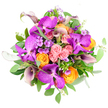 The image shows a sumptuous, top-down view of a round bouquet placed on a bright white background, where vivid colour and rich texture are the stars. Bold Vanda orchids in fuchsia and deep magenta purple form the dramatic focal points, their wide petals patterned with fine, tessellated markings that look almost painted on. Around them, layers of roses and similarly shaped blooms in blush pink, lively orange, and mellow golden yellow gather closely together, their tightly coiled centres opening into soft spirals that feel both romantic and joyful. Deep plum calla lilies weave through the bouquet, their trumpet-shaped blooms arching gracefully to give the arrangement a sculptural, contemporary edge. Filling the spaces between are tiny clusters of lilac and light purple filler flowers, reminiscent of phlox, which lend a delicate, almost cloud-like softness to the overall design. A ring of greenery grounds the piece: glossy green leaves intermingle with round, silvery eucalyptus foliage that suggests a gentle, cooling scent. The bouquet appears perfectly balanced, with colour and form distributed so that no single bloom overwhelms the others, creating a sense of harmony and abundance. It's easy to imagine this arrangement being delivered for a milestone birthday or engagement in Queensbury, perhaps brightening a living room after a stroll through nearby parks. Although the viewer cannot smell it, the combination of imagined rose sweetness and fresh eucalyptus makes the image feel alive, embodying the care and expertise of a local florist who specialises in lush, celebratory designs.
