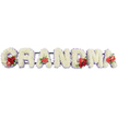 This image captures a moving funeral flower tribute that spells GRANDMA in tall, bold letters, set out in a straight horizontal row against a bright, white background so every flower stands out clearly. Each letter is constructed from a thick carpet of white cushion chrysanthemums, their small, rounded blooms sitting shoulder to shoulder, creating a plush, almost pillow-like surface that feels soft and pure. Delicate edging in a gentle shade of pale purple or lilac frames each character, adding a fine, graceful border that lends depth and a quiet touch of colour without ever overwhelming the white. Scattered thoughtfully along the word are vivid red floral accents, symbolising deep affection and remembrance. On the G, a rich cluster of velvety red roses nestles alongside a distinctive red-and-white variegated calla lily, its curved, funnel-shaped petal drawing the eye. The first A features a single polished, heart-shaped red anthurium at its base, while the central M displays another grouping of red roses surrounded by greenery and paired with a second red anthurium. The final A is adorned with a lone anthurium bloom, echoing the earlier details and completing the visual story. A discreet dark green framework supports the letters from behind, holding them steady yet remaining largely unseen. The overall impression is one of serenity, devotion, and quiet pride, a bespoke tribute that a Queensbury family might choose from a local florist for delivery to a funeral service, wake, or graveside ceremony to honour a cherished grandmother's life and legacy.